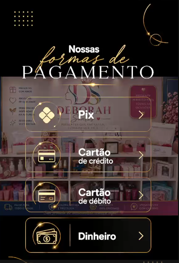 Formas de pagamento: Pix, cartão de crédito, cartão de débito e dinheiro
